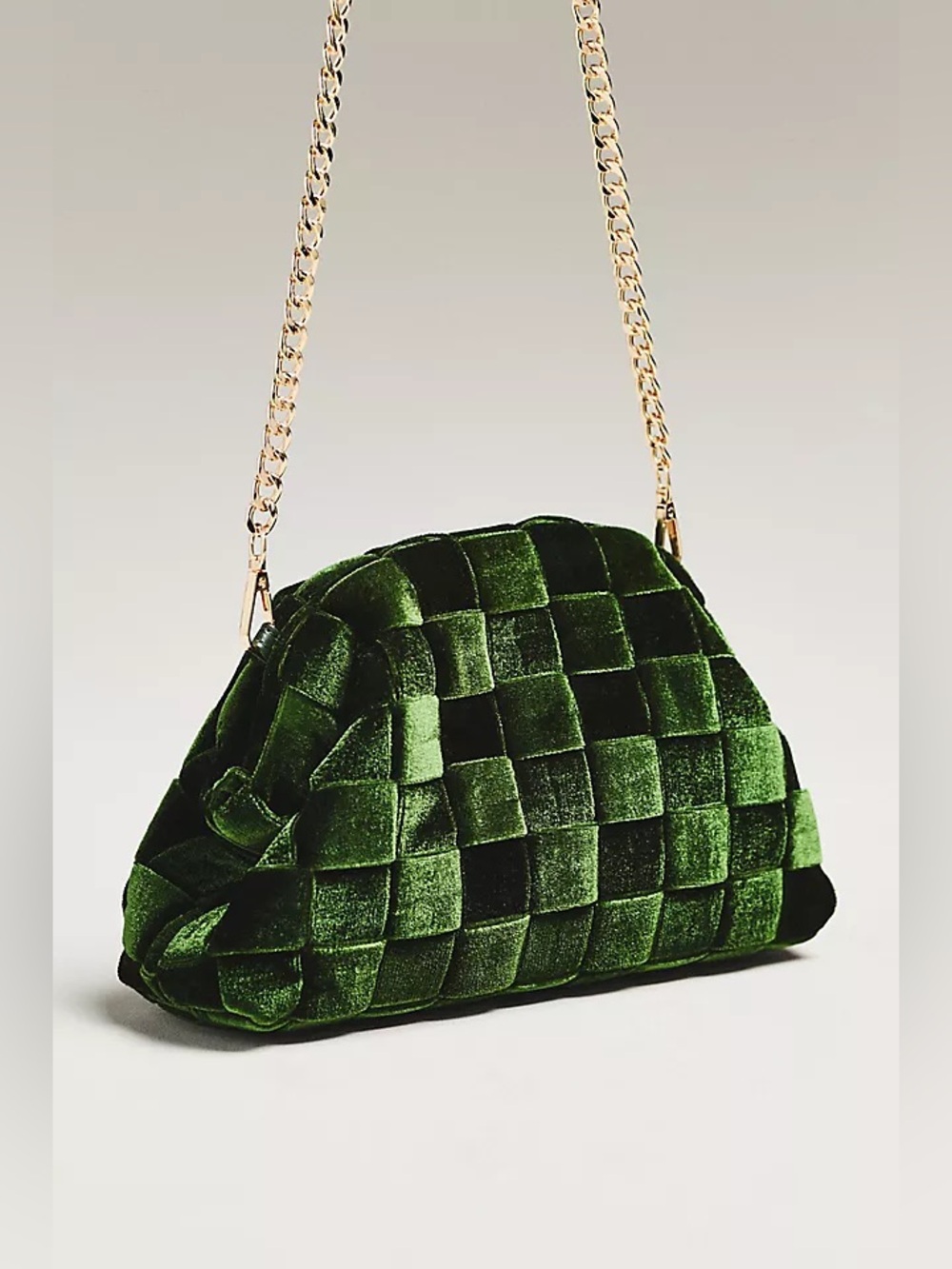 NWT new Anthropologie thick woven velvet clutch bag crossbody chain dark green